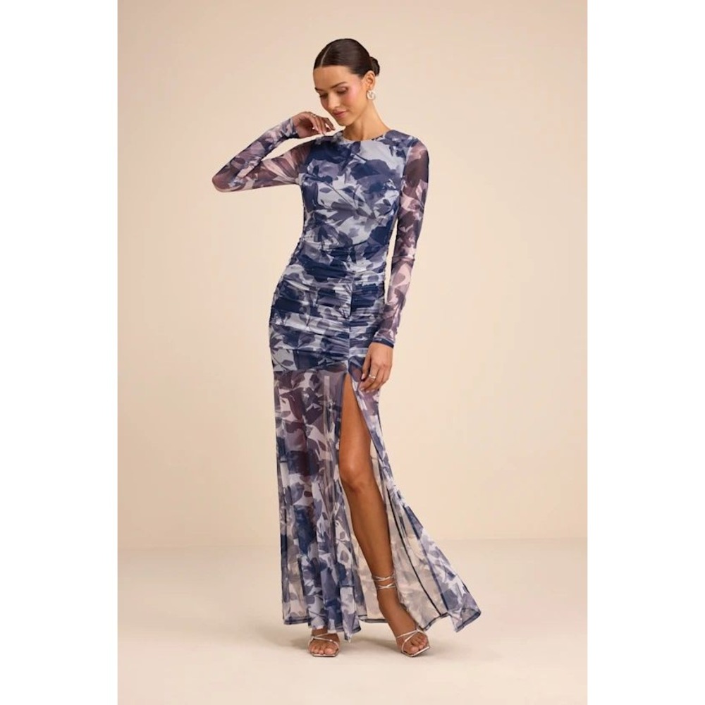 Lulus Vibrant Poise Blue Floral Mesh Ruched Maxi Dress Size S New with Tags